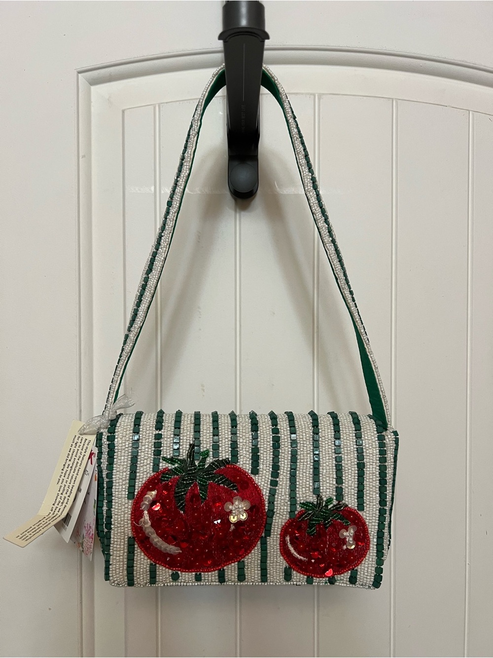 VIRAL TIK TOK Beaded Tomato Green Striped Shoulder Bag - Green & Red